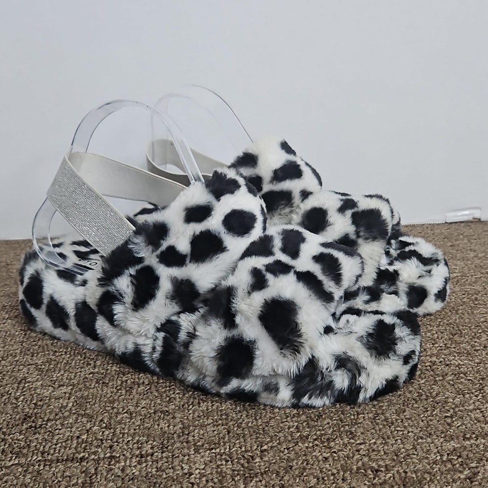 Torrid Leopard Faux Fur Double Strap Slippers Elastic Strap Back Sz 9.5 Womens